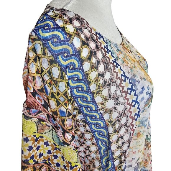 One World Moroccan Zellige Print Short Flutter Sleeve Sheer Blouse - Picture 5 of 7